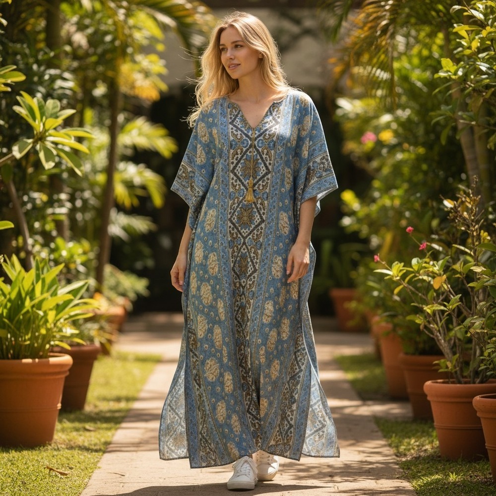 D'Ascoli Dress Womens Medium Blue Boho Floral Tassel Tie Kaftan